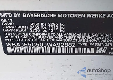 2018 BMW 540I z USA, uszkodzony, nr VIN WBAJE5C50JWA92882